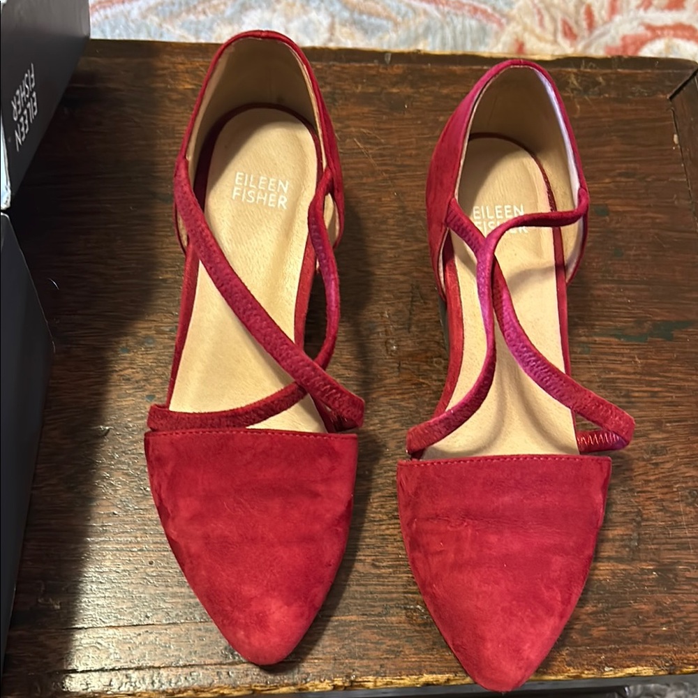 Eileen Fisher Red Flats with Intricate Straps and Pointed Toe